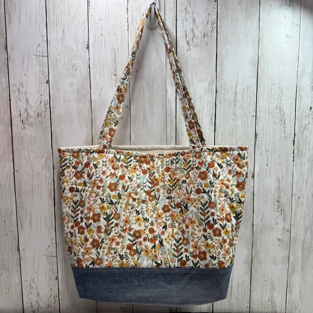 Quilted Floral Garden Tote Bag Denim Accent : Matching Zipper Pouch Included